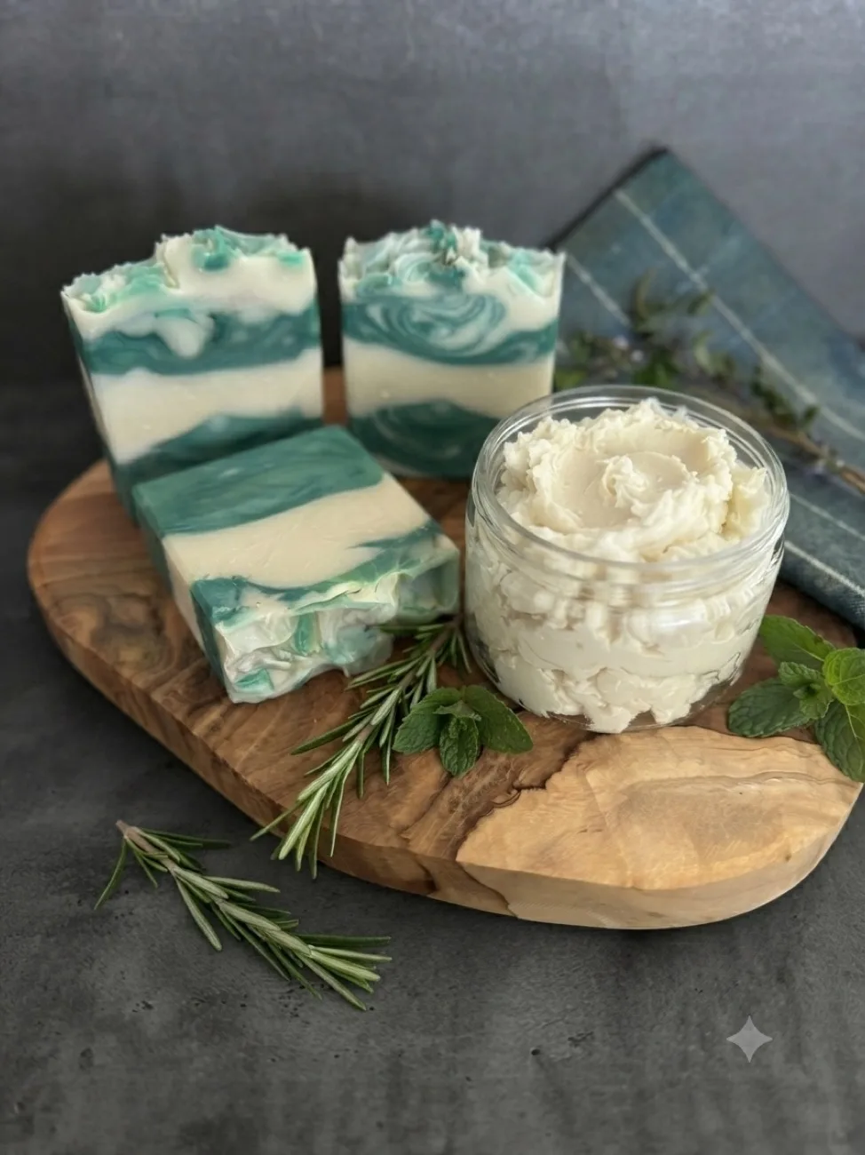 Whipped body butter in a glass jar beside botanical soap bars