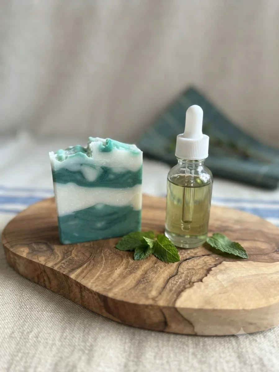 Botanical body oil in an amber dropper bottle beside a soap bar and mint