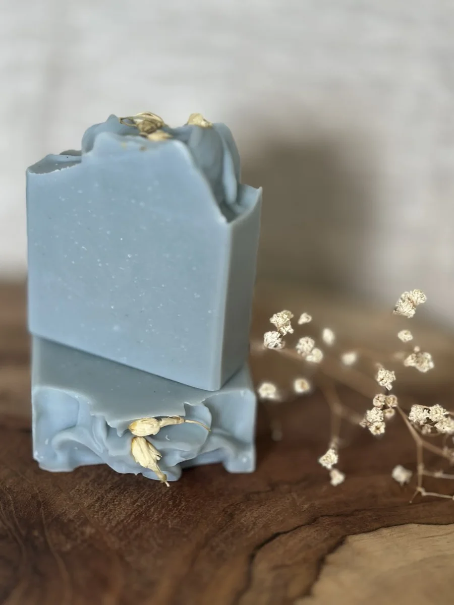 Eucalyptus Dreams dusty-blue cleansing bar with dried florals